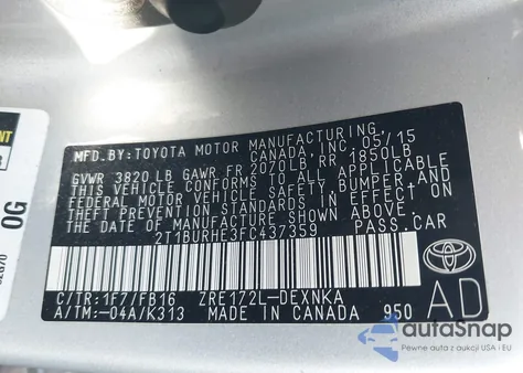 2015 Toyota Corolla Le z USA, uszkodzony, nr VIN 2T1BURHE3FC437359